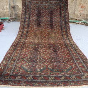 1940s Antique Rug, 3&#39;8x7 ft Afghan Handmade low pile faded Distressed Wool Area Rug, Vintage Baluchi Rug, Turkmen Tribal Rug, Bedroom Rug