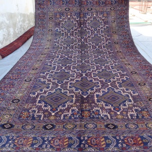 7&#39;5x12&#39;8 ft Large Vintage Rug - Navy Blue Afghan Handmade Organic dyes Natural Wool Area Rug, Antique Geometric Rug, Tribal Baluchi Old Rug