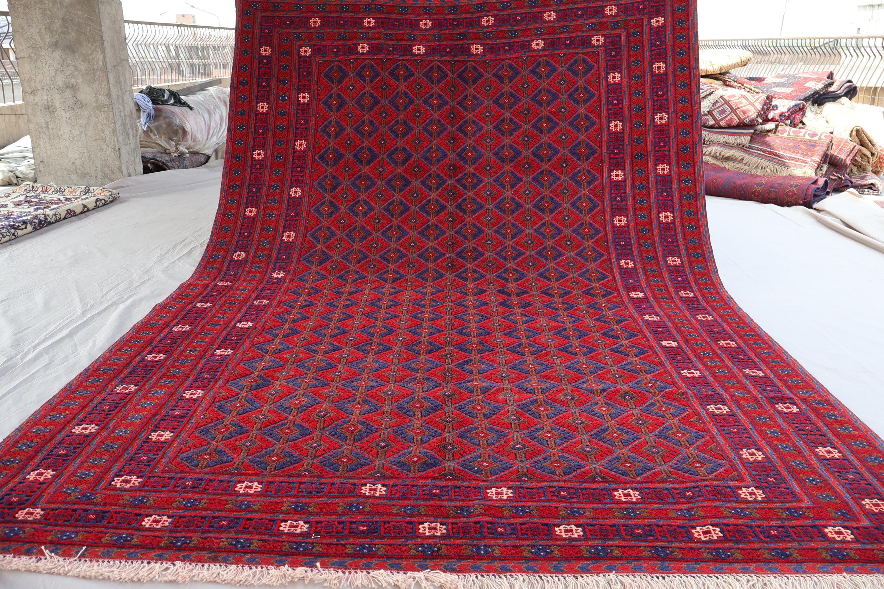 Red Vintage Rug 6'5x9'8 ft Afghan Tribal Mashwani Rug Hand knotted Wool Rug, Navy Blue Red Oriental Rug, Large Area Rug, Rug for Living Room