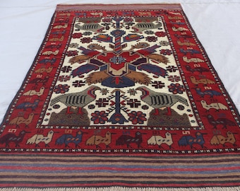 4x6 ft Vintage Art Deco Rug, Afghan Hand Knotted veg dyes Wool Area rug, Animal Bird floral Pictorial rug, Antique Oriental rug, Bedroom Rug