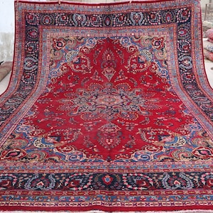 10x13 Red Vintage Rug, Medallion Heriz Turkish Rug, Hand Knotted Wool Rug, Afghan Tribal Area Rug, Antique Oriental Rug, Rug for Living Room