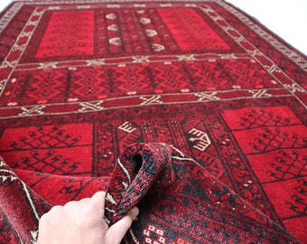 Antique Rug, 5x8 ft Handmade Turkmen Tekke Rug, Vintage Afghan Parda Rug, High Pile Wool Area Rug, Tribal Bukhara Rug, Oriental Red Carpet