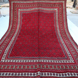 7x9 ft Large Antique Red Rug, Afghan Hand Knotted Veg dye Wool Rug, High pile Vintage Rug, Tribal Baluch Rug, Turkmen old style Oriental Rug