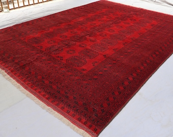 Großer Afghan Teppich, Handgemachter Roter Vintage Teppich, 100% Wolle, Turkmenischer Ersari Teppich, Orientteppich in Rot, Roter Teppich, Berber Teppich, Teppich für Schlafzimmer