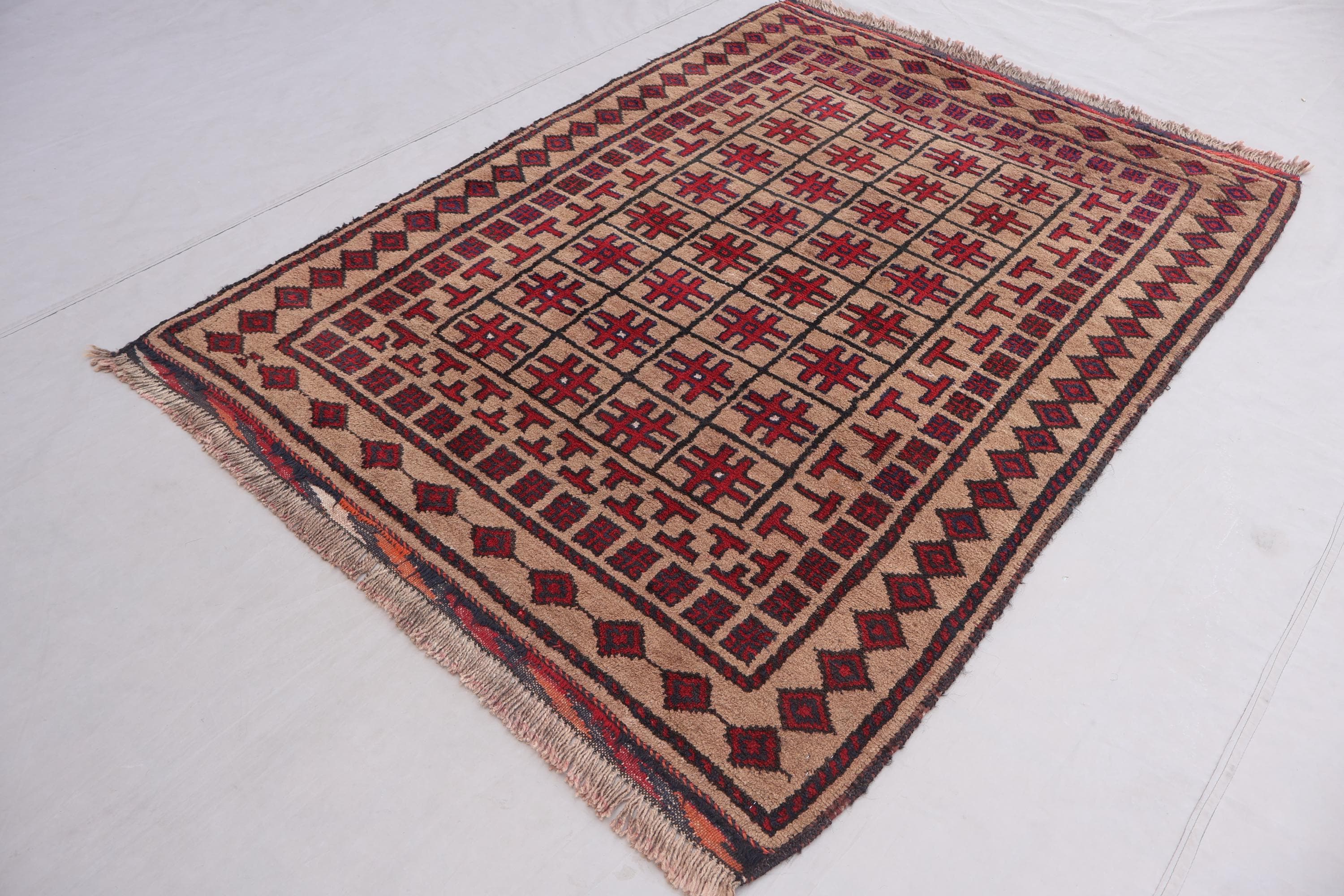 1930年代アンティークラグ 3'7x5'7フィート テラコッタブラウン