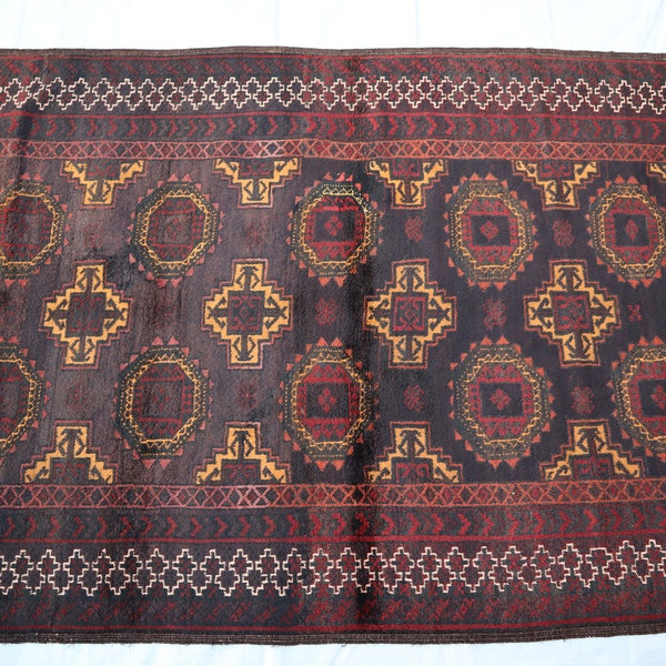 Antique Faded Rug, 3'9x8'1 Vintage Turkmen Sarouk Rug, Black Red Vintage Rug, Afghan Handmade High Pile Soft Wool Rug, 4x8 Large Area Rug