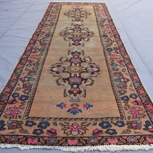 Antique 3x10 Runner Rug, Afghan Handmade Low Pile Wool Rug, Caucasian Medallion Rug, Hallway Runner, Kitchen Runner, Terracotta faded Carpet