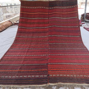 6&#39;5x11&#39;0 ft Red Vintage Turkmen Soumak Rug, Afghan Handmade Wool Rug - Striped Baluch Flatweave Kilim Large Boho Area Rug, Living Room Rug