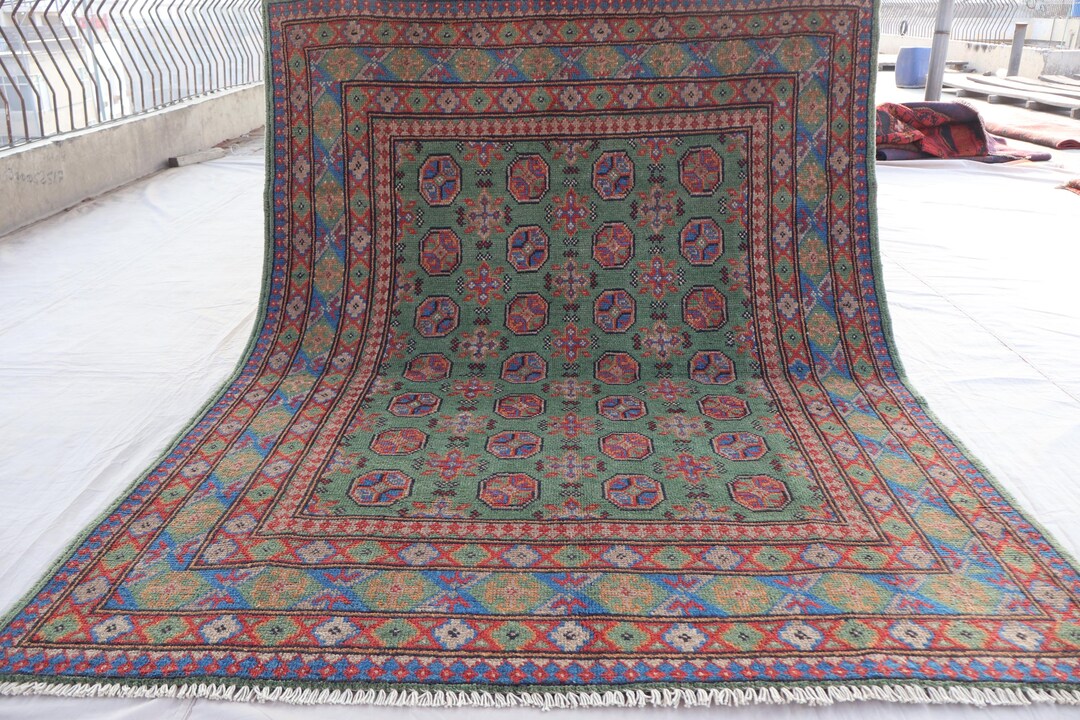 4'10x6'4 Ft Lime Green Afghan Rug, Hand Knotted Wool Rug, Soft Plush ...