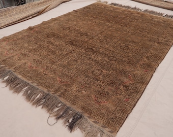 1940s Antique Terracotta Rug 6&#39;6x9&#39;0 ft Turkmen Bukhara Rug, low Pile Distressed Faded Rug, Afghan Handmade Wool Area Rug, Living Room Rug