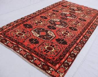 Tapete vermelho antigo de 3'7x6'6 pés, tapete de lã afegã com nós feitos à mão, tapete tribal turcomano, tapete desbotado vintage desgastado, tapete para sala de estar