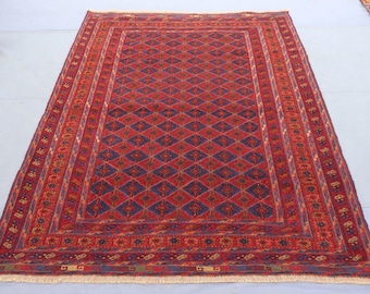 Vintage Handmade Rug 4'10"x6'4" Afghan Oriental Mashwani Rug, Navy Blue Red Geometric Rug, Bedroom Rug, Living Room Rug, Antique Tribal Rug