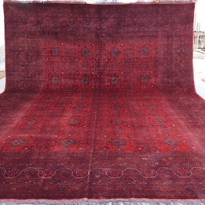 10x13 Large Vintage Bukhara Rug, Turkmen Handmade Low pile Wool Distressed Red Rug, Oriental Rug, Afghan Khal Muhammadi Rug, Living Room Rug