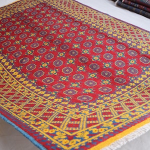 7x10 Yellow Red Bukhara Rug - Afghan Hand Knotted Wool Area Rug - High Pile Turkmen Tribal Rug - Oriental rug - Bedroom Rug, Living room Rug