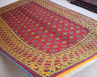 7x10 Yellow Red Bukhara Rug - Afghan Hand Knotted Wool Area Rug - High Pile Turkmen Tribal Rug - Oriental rug - Bedroom Rug, Living room Rug