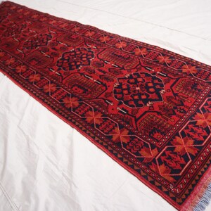 10 ft Red Runner Rug - Geometric Vintage Bukhara Rug - Afghan Hand Knotted Wool Oriental Runner Rug, Turkmen Tribal Rug - Hallway Runner Rug
