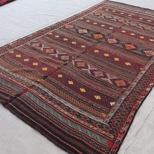 4&#39;5x7&#39;9 ft Vintage Kilim Rug, Afghan Flatweave Soumak Rug, Handmade Wool Rug, Striped design Oriental Rug, Turkmen Tribal Rug, Bedroom Rug