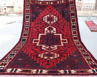 1960s Vintage Red Black Afghan Rug 5x8'5 ft Turkmen Caucasian Antique Rug, Handmade Wool Carpet, Oriental Rug, Living room Rug, Kitchen Rug