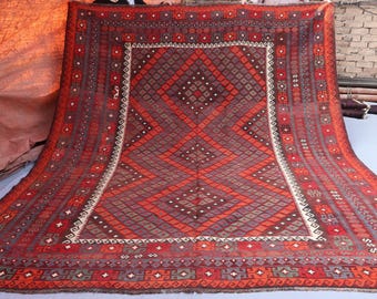 9x11 ft Antique Kilim Rug, Flatweave Hand woven Kilim Wool Area Rug, Afghan Vintage Boho Rug, Turkmen Geometric Carpet, Living Room Rug