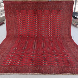 7x9 Large Antique 1960s Red Area Rug, Afghan Handmade Wool Oriental Rug, Turkmen Tekke Rug, Tribal Bukhara Rug, Living Room Rug, Bedroom Rug