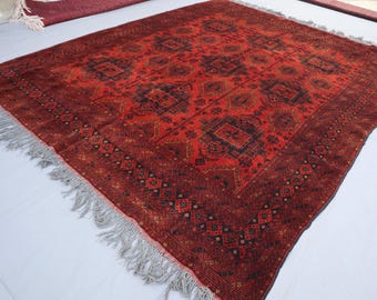 8x11 Large Vintage Bukhara Rug - Red Afghan Hand Knotted Wool Area Rug - Turkmen Tribal Rug - Antique Geometric Old Caucasian Style Carpet