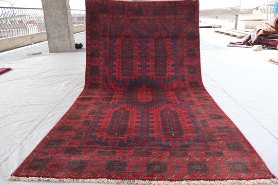 4x7'8 Ft Turkmen Antique Geometric Rug, Rust Red Afghan Handmade