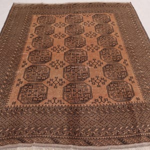 1940s Collectors piece 6&#39;6x8&#39;7 ft Terracotta Antique rug, Afghan Handmade Wool Rug, Turkmen Tribal Ersari Rug, Distressed faded low pile rug