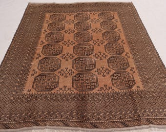 1940s Collectors piece 6&#39;6x8&#39;7 ft Terracotta Antique rug, Afghan Handmade Wool Rug, Turkmen Tribal Ersari Rug, Distressed faded low pile rug