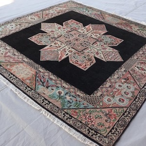 5x5 Vintage Square Rug Black Pictorial Turkish Style Medallion Handmade Wool Square Area Rug, Antique Oriental Rug, Living Room Rug 4&#39;6x4&#39;9&quot;
