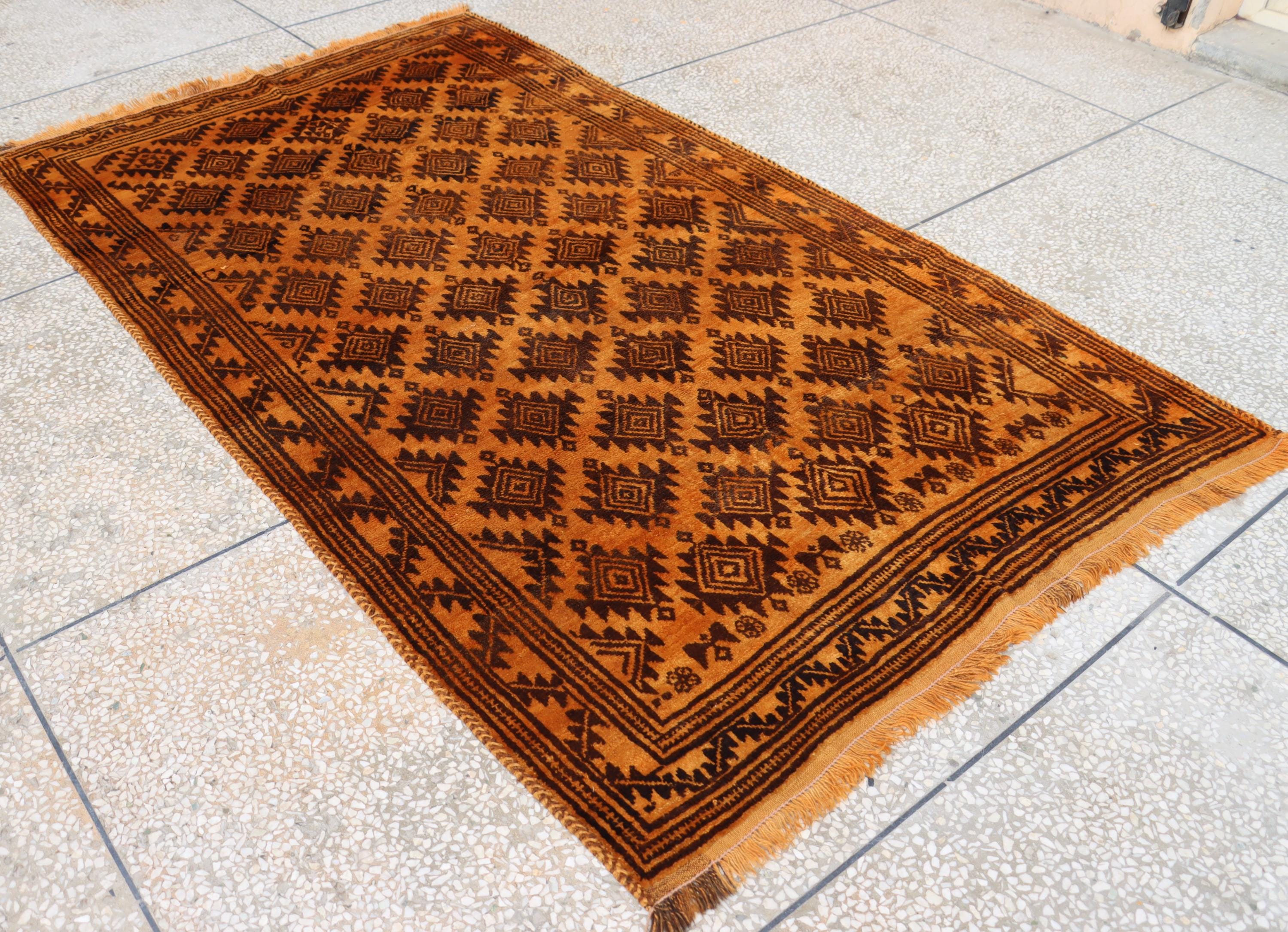 1940s Antique Brown Rug 5x8'5 Afghan Vintage Faded Rug, Soft Pile