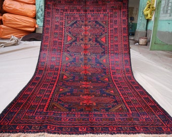 4x7 Geometric Vintage rug, Navy Blue Red Afghan Handmade Wool Rug, Oriental Turkmen Rug, Tribal Baluchi Rug, High Pile Soft Rug, Bedroom Rug