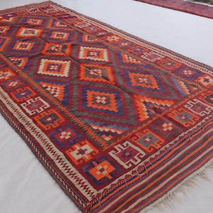 5x11 Antique Kilim Rug, Afghan Geometric Tribal Faded Rug, Handmade Wool Rug, Orange Red Navy Blue, Vintage Flatweave Rug, Dining Table Rug