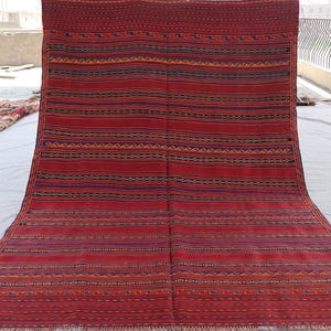5x8 Vintage Rug, Striped Afghan Kilim Area Rug, Flatweave Boho Rug, Handmade Wool Rug, Turkmen Tribal Rug, Kitchen Rug, Orange Red Navy Blue