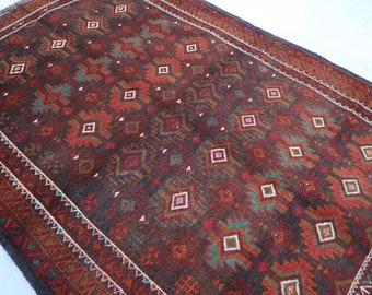 Brown Vintage Rug, 4x6 ft Afghan Hand Knotted Wool Area Rug, Tribal Baluchi Rug, Antique Oriental Rug, Turkmen Rug, Living Room, Bedroom Rug