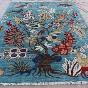 5x7 Afghan Blue Pictorial Rug, One of a Kind Rug, Handmade Wool Rug, Birds Animal Tree of Life Art Rug, Living Room Deco Rug, Kids Room Rug