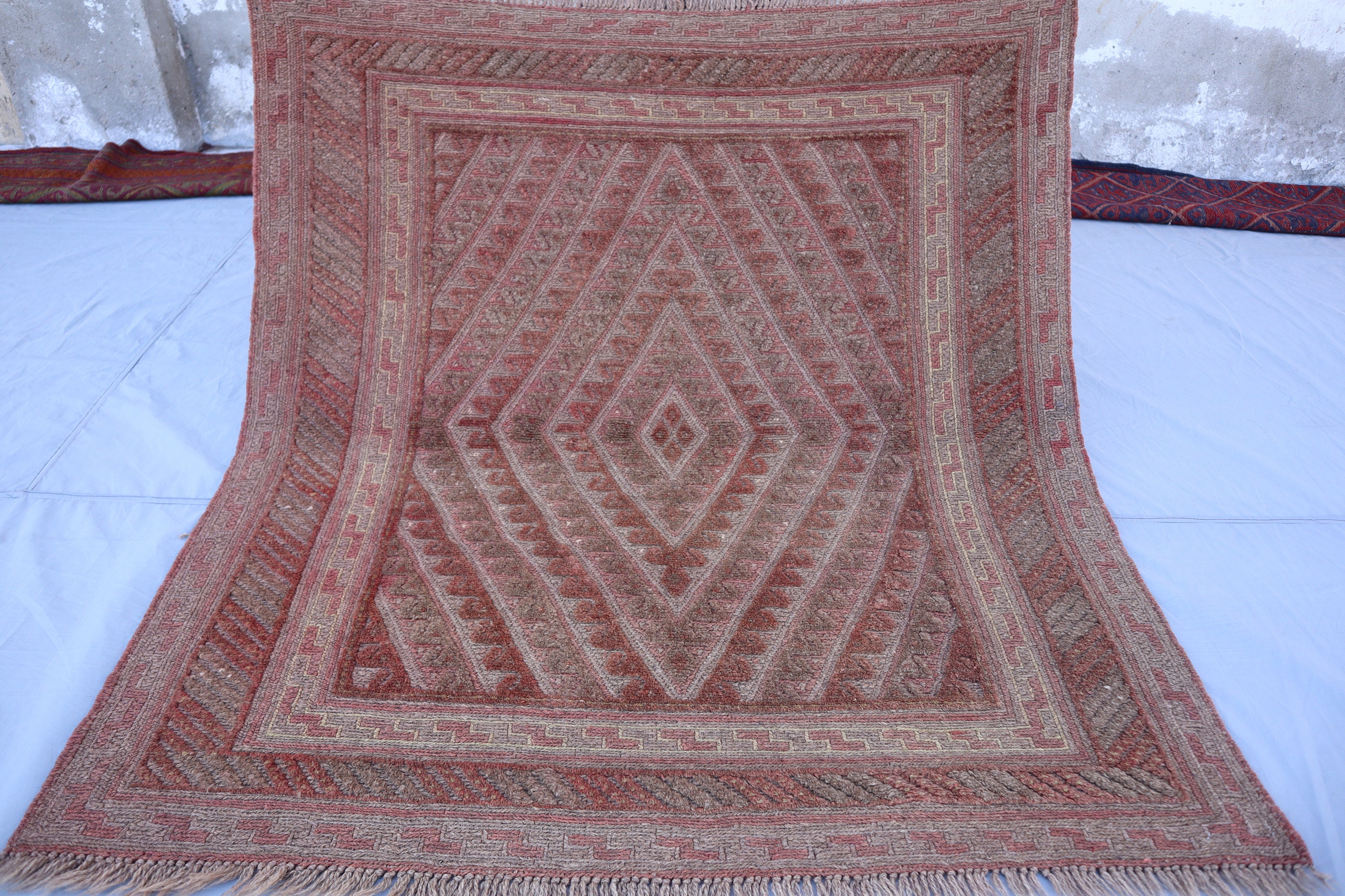 4x4 Vintage Square Rug Afghan Handmade Wool Natural Dyes Rug, Geometric ...