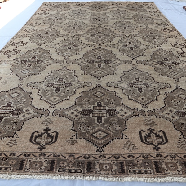 1940s Antique Caucasian Rug 8x13 ft Natural Wool Distressed Faded Rug, Afghan Handmade Gray Beige Brown Muted Vintage Rug, One of a Kind Rug