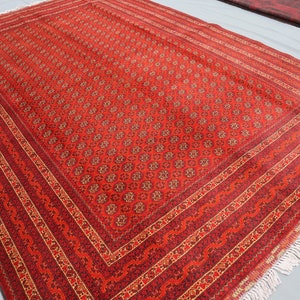 Red Bokhara Rug, 7x10 ft Traditional Afghan Hand Knotted veg dyes Wool Area Rug, Oriental Turkmen Rug, Semi Antique Collectibles Tribal rug