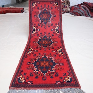 1&#39;9x5 ft Vintage Geometric Bukhara Rug - Afghan Handmade Wool Authentic Rug - Oriental Runner Rug - Turkmen Tribal Red Carpet - Kitchen Rug