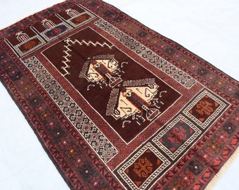 Vintage Prayer Rug 2'9x4'6 ft Brown Red Afghan Handmade Prayer Rug, Oriental Baluch Area Rug, Natural veg dyes Wool Rug Tribal Geometric Rug