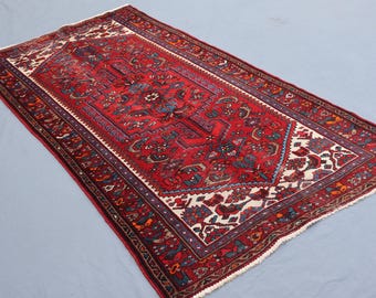 3'5x7 ft Red Antique Rug Afghan Caucasian Rug, Handmade Wool Rug, Tribal Geometric Rug, Turkish Vintage Heriz Rug, Oriental Rug, Kitchen Rug