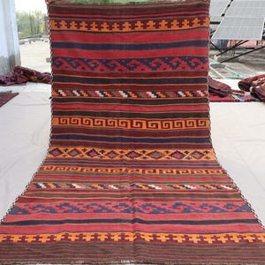 5x9 Vintage Kilim Rug, Afghan Striped Flatweave Rug, Handmade Wool Rug, Distressed Faded Tribal Rug, Orange Rust Red Blue Brown, Kitchen Rug