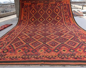 Alfombra vintage grande de 9 x 14,5 pies, alfombra de lana geométrica de tejido plano Kilim afgano hecha a mano, alfombra turcomana oriental, alfombra para sala de estar, alfombra decorativa