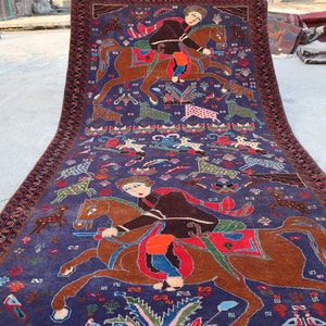 4x8 Vintage Pictorial Rug, Afghan Handmade Natural dyes Wool Area Rug, Animal Birds Hunting Scene One of a Kind Rug, Blue Tribal Baluchi Rug