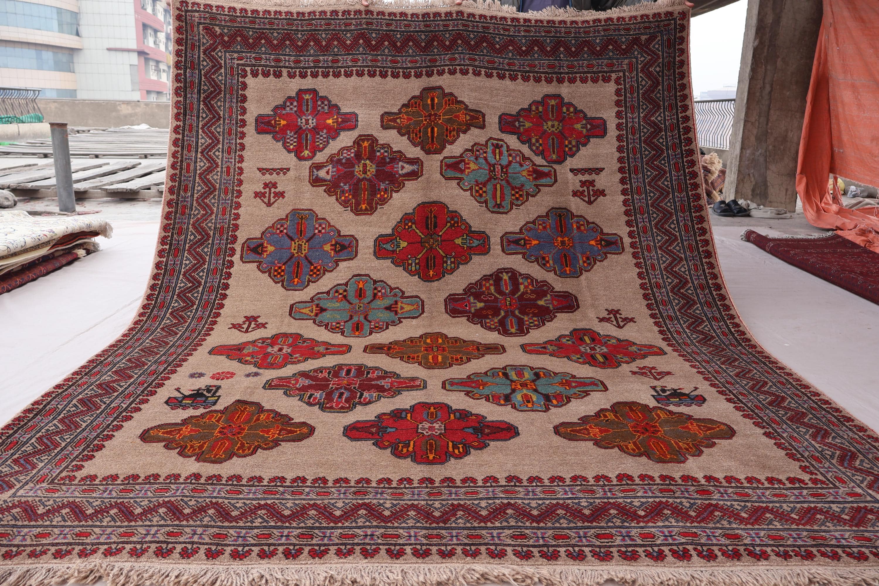 7x9 Vintage Geometric Baluchi Rug, Hand Knotted Natural Dyes Soft