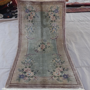 2x4 ft Floral Chinese rug, Hand Knotted 100% Silk rug, High Quality Soft Silk Vintage rug, Antique Oriental rug, Bedroom Rug, Muted Boho Rug