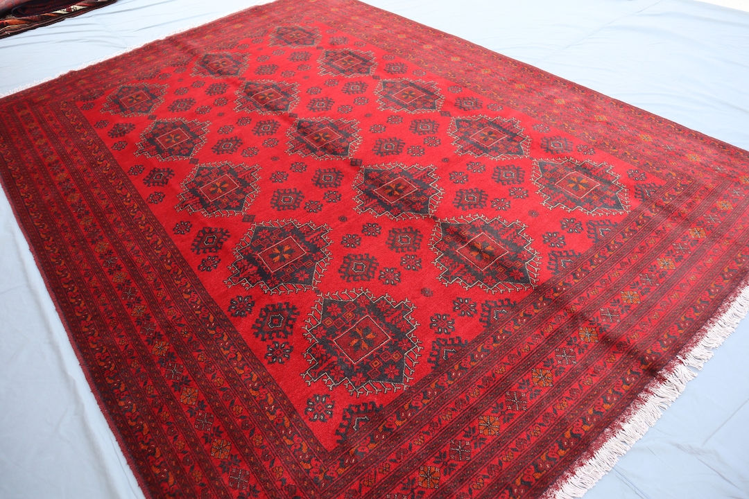 8x11 Large Vintage Rug, Red Afghan Hand Knotted Veg Dyes Wool Oriental ...