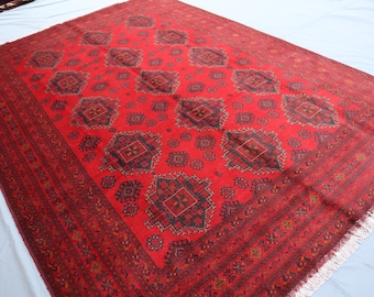 8x11 Large Vintage rug, Red Afghan Hand Knotted Veg Dyes Wool Oriental Rug, Khal Mohammadi Tribal Turkmen Bukhara Rug - Rugs for Living Room