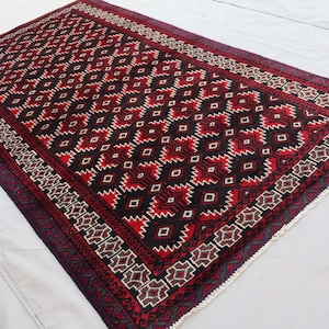 3&#39;5x6&#39;3 ft Afghan Vintage Rug, Antique Geometric Baluchi Black Red Rug, Handmade wool Oriental Rug, Turkmen Tribal Rug, Bedroom Kitchen Rug