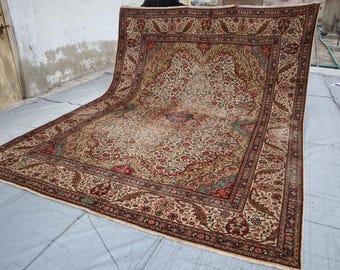 9'5x12'0 ft Floral Antique Rug, 1920s Large Area Rug, Afghan Caucasian Rug, Low Pile Handmade Wool Rug, Turkish Heriz Rug, Bedroom Rug 9x12